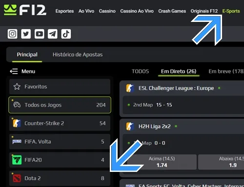 Acesse a seção de eSports e selecione o jogo