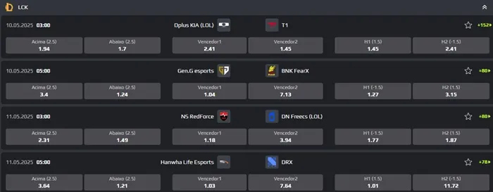 Escolha o torneio e a partida que deseja apostar em lol