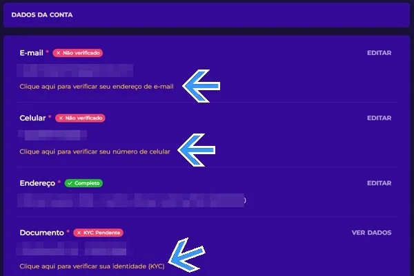 Verificação de conta: e-mail, telefone e identidade