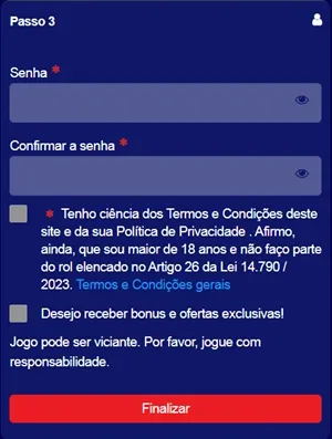 Formulário de cadastro Terceiro Passo – Segurança da conta